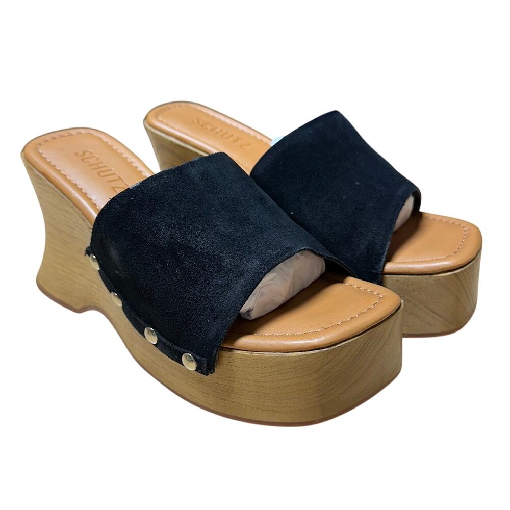 Schutz Suede Wooden Heel Clog Sandals Lanneh Black Women's Size 5.5B New in Box